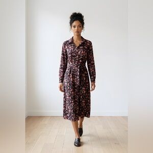 Elle Black Floral Midi Shirt Dress with Tie Waist